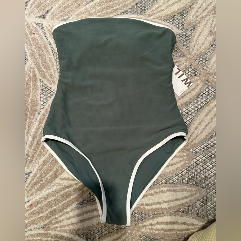 NWT. M. Sage green strapless swimsuit with white detail.